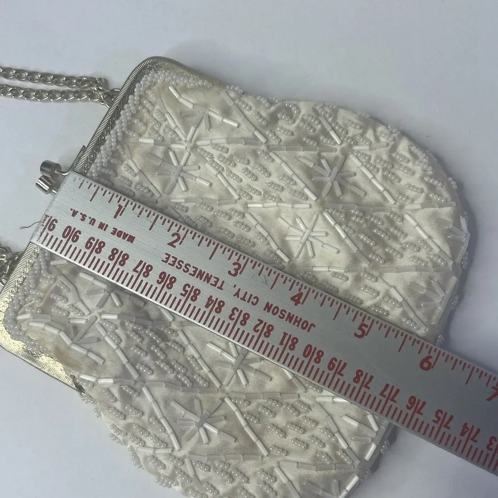 Vintage Walborg Beaded Evening Bag Purse Made in Hong Kong Ivory Beaded Purse
